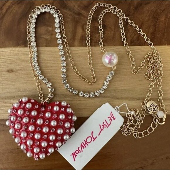 Betsey Johnson Faux Pearl Red Enamel Heart Necklace - Picture 1 of 4